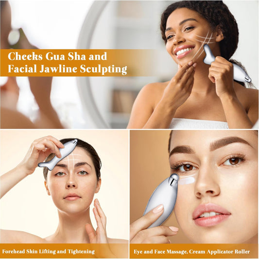Metal Face Massage Roller and Gua Sha Scraping Massage Tool, Eye Cream Roller Applicator, Steel Facial Gua Sha Tool for Skin Lift, Body Gua Sha Massager for Neck, Shoulders, Hands and Legs